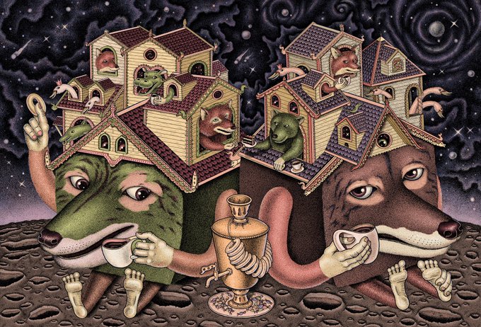 A surreal illustration showing two large animal-like creatures with human arms and feet, sitting on a cratered lunar surface and drinking from cups, with small houses and other animals on their heads, set against a starry night sky.