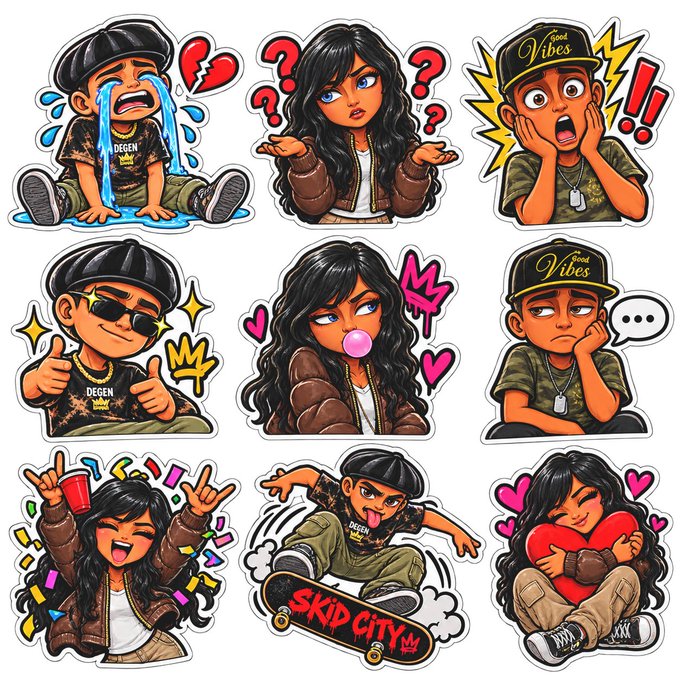 A sticker sheet featuring nine cartoon characters with various expressions, including someone crying, skateboarding, and blowing bubbles, with text including 'DEGEN' and 'SKIP CITY'