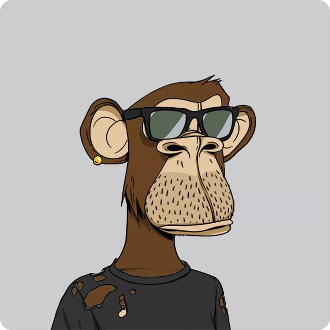 A cartoon NFT-style illustration of a brown monkey wearing sunglasses and a black shirt, resembling a Bored Ape character.