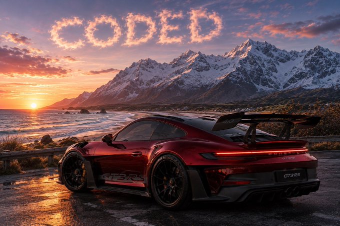 Digital artwork showing the word 'CODED' in clouds above a red Porsche GT3 RS parked by snow-capped mountains at sunset.