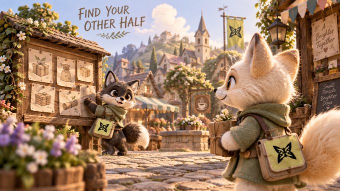A whimsical 3D-rendered scene of two animal characters in a fantasy village with the text 'Find Your Other Half' and 'A Brighter Together'.