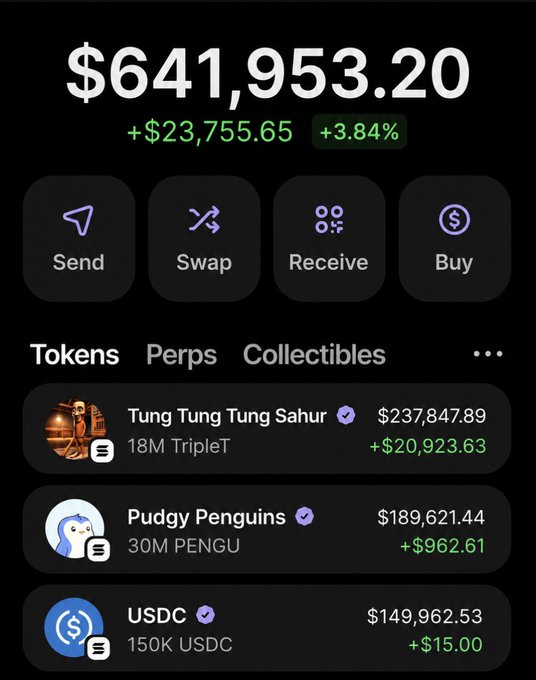 This screenshot displays a cryptocurrency wallet holding over $641k, featuring tokens like Tung Tung Tung Sahur, Pudgy Penguins, and USDC. The post's giveaway likely aims to reward engagement with this substantial portfolio.