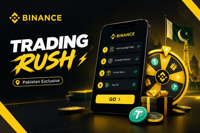 A Binance 'Trading Rush' promotional banner for Pakistan Exclusive, showing a smartphone with campaign steps and a spinning wheel.