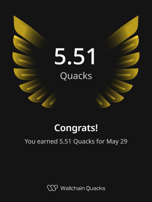 The image shows a poster or card that congratulates someone who has earned 5.51 Quacks (a type of cryptocurrency) within one day. The poster features an illustration of a bird's wing, which is gold with black lines, symbolizing the achievement of earning Quacks. The text on the poster reads "Congratulations! You earned 5.51 Quacks for May 29". The background color of the poster is black, and it has a gray border around it.