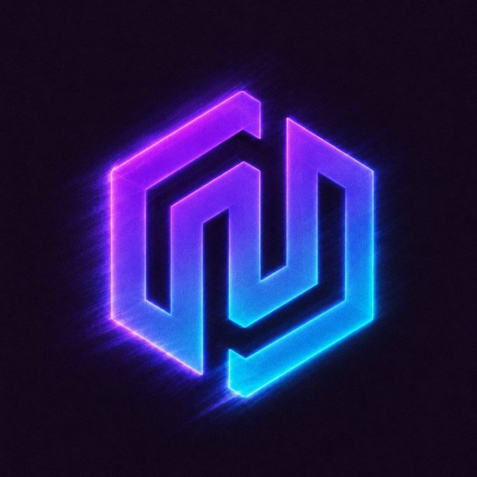 A glowing neon hexagonal logo with a stylized "NJ" or "N" monogram in purple and blue hues, visually reinforcing the "heating up" caption through its vibrant, electric neon glow effect against the dark background.