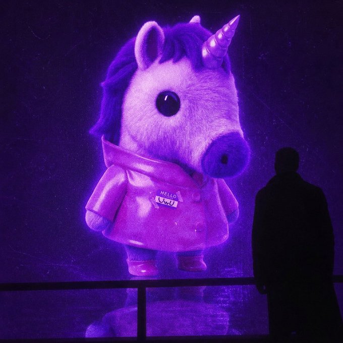 A silhouetted figure in a dark coat stands in a purple-lit room, looking at a large, fuzzy unicorn figurine wearing a jacket with a 'HELLO' name tag.