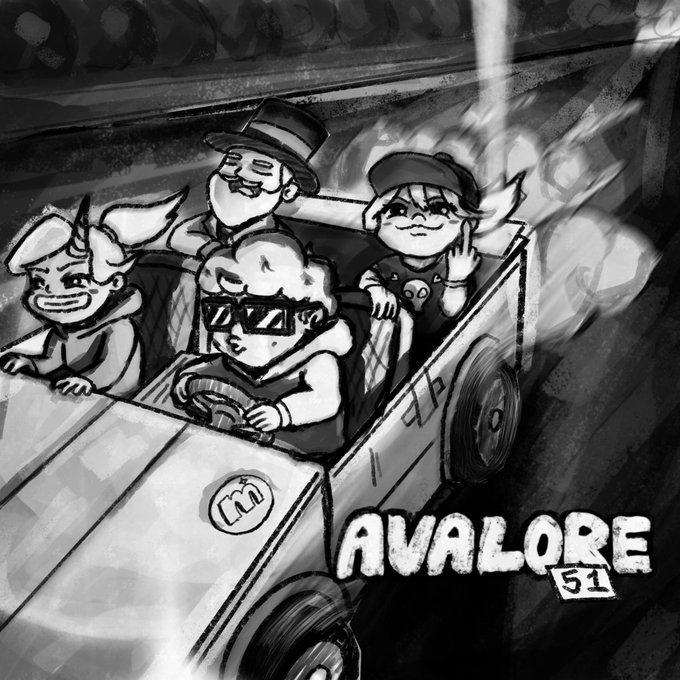 A black-and-white sketch of cartoon characters in a go-kart, with the text 'AVALORE 51' in the bottom right corner.