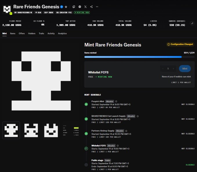 The image displays the minting page for "Rare Friends Genesis" NFTs, showing 904/1,024 items already minted with a public stage minting period scheduled for September 15 at 7:00 PM GMT+3 (free, 1 per wallet limit). This supports the post's claim about turning a free mint into potential profit, as only 124 spots remain before the public stage opens tomorrow.