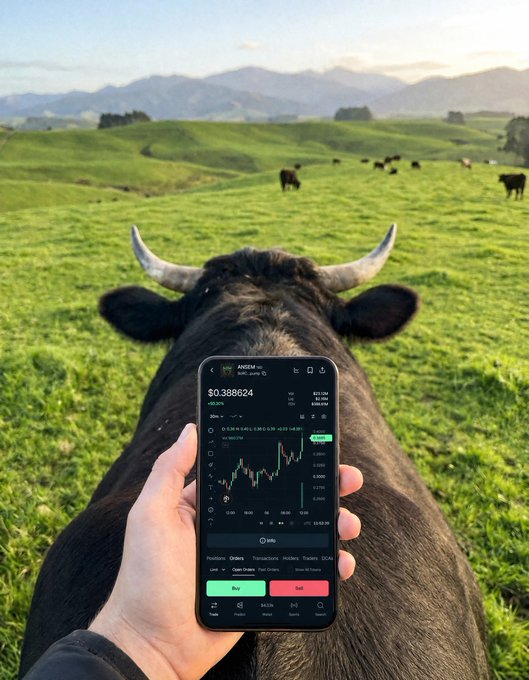 A hand holds a smartphone displaying a trading app chart for AVAX/USDC at $0.388624, set against a pastoral scene with cows grazing and a close-up of a black bull's head with horns.