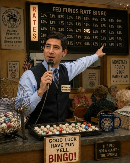 Kevin Maple calls 'Fed Funds Rate Bingo' at 2.5%, surrounded by signs reading 'Maximum Employment, Stable Prices, Strong Economy,' 'No Cell Phones,' 'Monetary Policy Is Our Game Plan,' and 'The Fed: Not a Player—The Referee.'