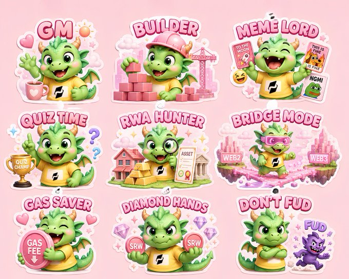 A collection of nine cartoon dragon mascot stickers with crypto/Web3 labels including 'GM', 'BUILDER', 'MEME LORD', 'QUIZ TIME', 'RWA HUNTER', 'BRIDGE MODE', 'GAS SAVER', 'DIAMOND HANDS', and 'DON'T FUD'.