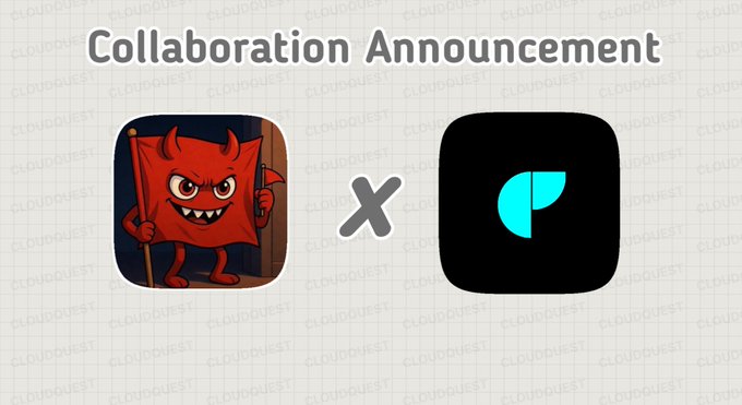 The image is a "Collaboration Announcement" graphic showing a red devil-like cartoon character NFT on the left and a black square app icon with a cyan leaf-like logo on the right, separated by an "X" symbol. The accompanying post promotes a free mint of 2,222 supply NFT collection by Cloud Quest (@RedFlags_NFT), with the collaboration likely being the partnership being announced between these two projects.