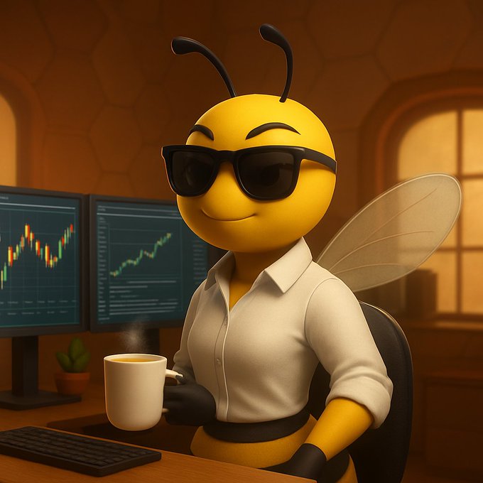 A 3D rendered yellow bee character wearing black sunglasses and a white shirt, sitting at a desk with coffee and monitors displaying green and red trading charts.