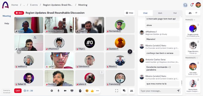 A screenshot of a virtual meeting platform titled 'Region Updates: Brasil Roundtable Discussion' showing multiple participant video tiles and a chat panel with text in Portuguese.