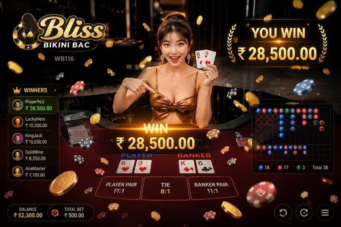 A screenshot from a 'Bliss Bikini Bac' baccarat game showing a 'YOU WIN' result of ₹28,500.00, featuring a dealer in gold attire holding cards, with player 8-9 beating banker K-6.