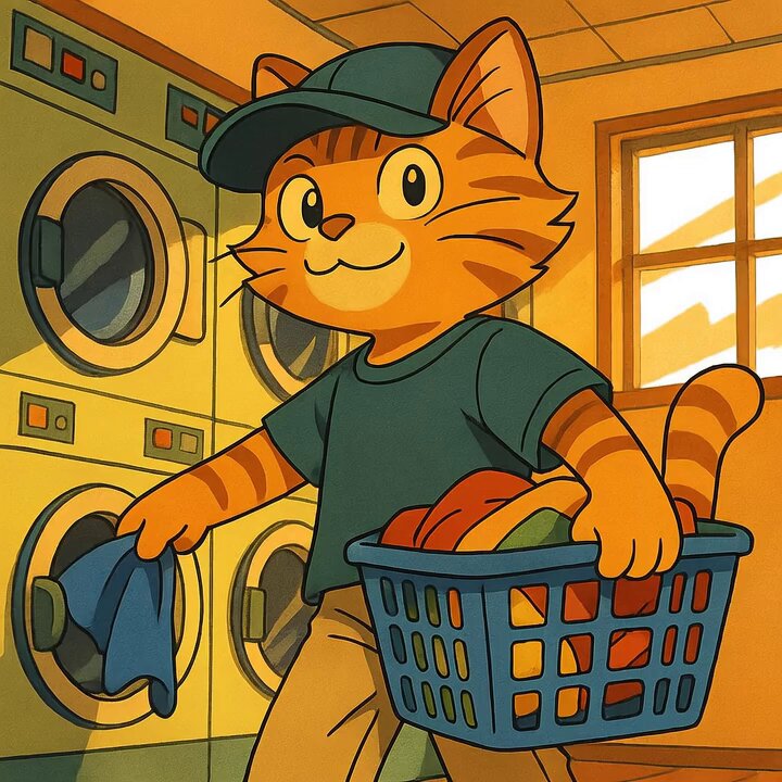 The image features a cartoon cat wearing a hat, holding a basket full of clothes while standing inside an actual washing machine. The caption reads "Laundry vibes: executing flawlessly." This suggests that the laundry process depicted in the image is going smoothly and efficiently.