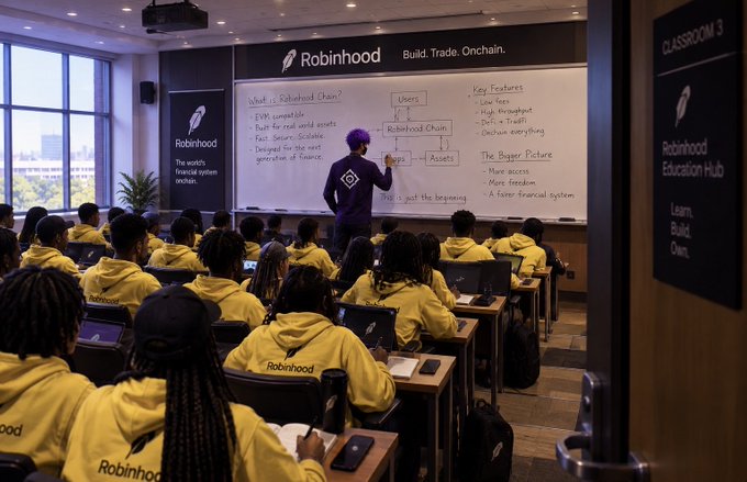 An instructor in a purple hoodie teaches a class of students wearing yellow 'Robinhood' hoodies in 'Classroom 3' of the Robinhood Education Hub, with a whiteboard displaying 'What is Robinhood Chain?' and key features.
