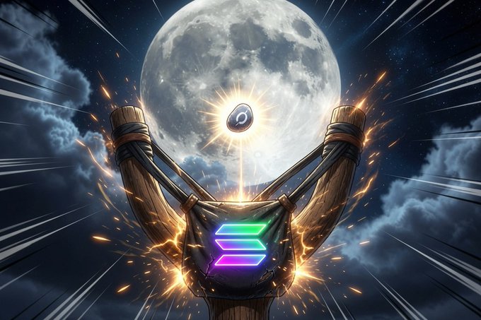 Digital artwork featuring a slingshot holding a coin against a full moon backdrop, with a glowing Solana logo banner and dramatic light rays and sparks.