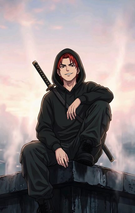 An anime-style illustration shows a red-haired young man wearing a black hoodie, sitting on a concrete ledge with a katana sword strapped to his back against a cloudy sky.