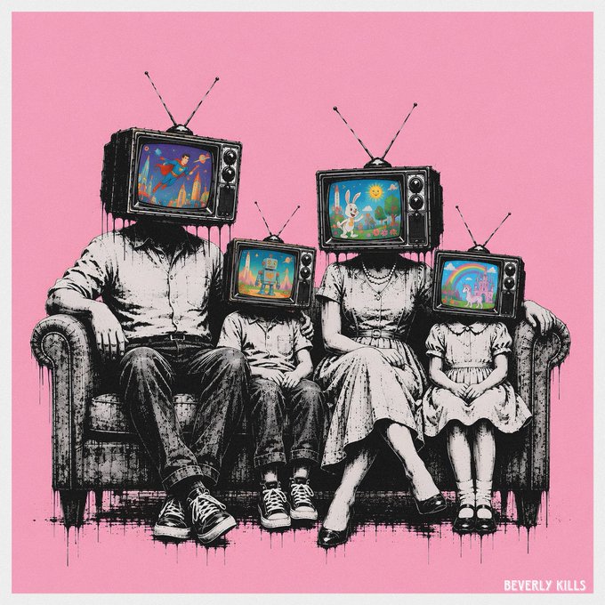 An illustration titled 'BEVERLY KILLS' shows a black-and-white family portrait on a pink background, where each family member's head is replaced by a retro television set displaying colorful images.