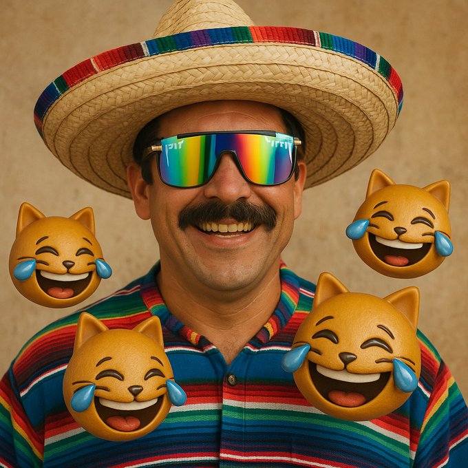 The image features a man wearing a sombrero, glasses, and a striped shirt with four cartoon cat faces. He has a mustache and is smiling at the camera. The background of the photo shows a wall with a "Happy Taco Tuesday buy MOG" caption in white text.