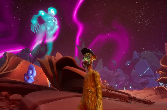 A glowing turquoise alien avatar floats above a melted, golden-textured character wearing a black wizard hat, set against a vibrant magenta cosmic sky in the OthersideMeta virtual world.