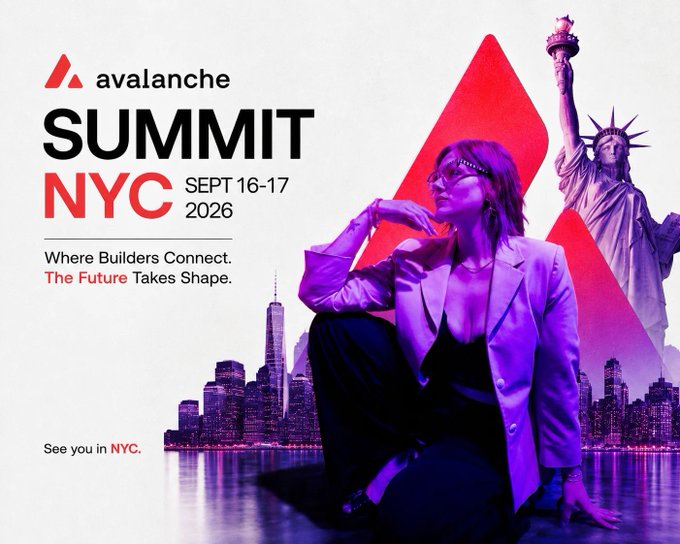 A promotional poster for "Avalanche Summit NYC SEPT 16-17 2026" with the tagline "Where Builders Connect. The Future Takes Shape.", featuring a woman in a purple-lit suit and the Statue of Liberty in the background.