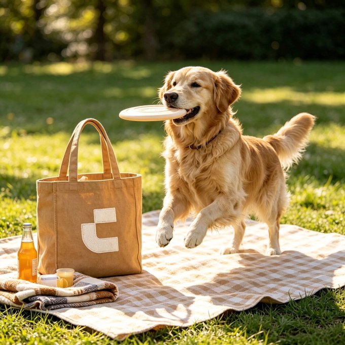 A golden retriever running playfully across a picnic blanket while holding a white frisbee in its mouth, with a tote bag and a bottle nearby on the grass.