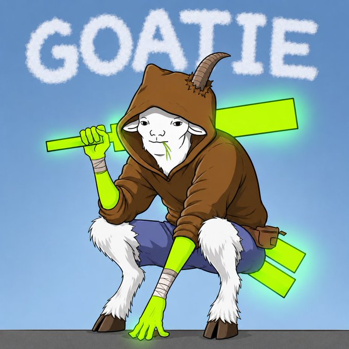 A cool goat-headed character in a brown hoodie crouches while wielding a glowing neon green staff, with the word "GOATIE" displayed in cloud-like white text above against a blue sky background. The image visually represents the $GOATIE token mascot in a heroic, ready-for-action pose, embodying the confident "Let's gooooo" energy of a holder unfazed by market dips.
