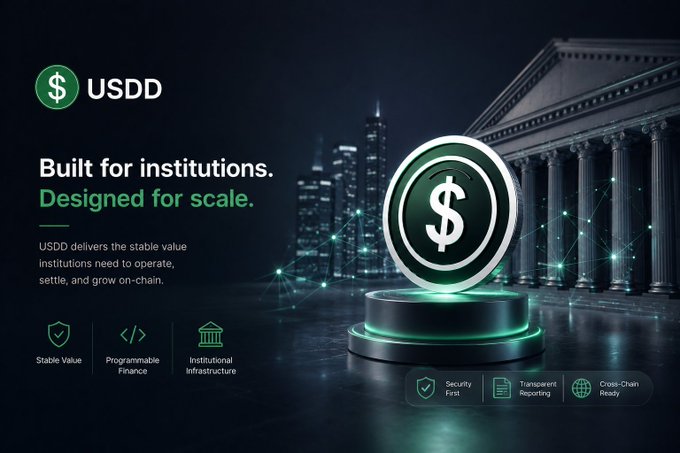 A promotional graphic for USDD cryptocurrency, featuring the text 'Built for institutions. Designed for scale.' alongside a glowing dollar sign coin and features like 'Stable Value' and 'Programmable Finance'.