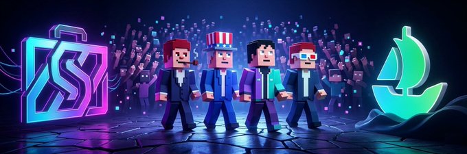 A Minecraft-style "ISS" logo and teal Solana icon flank four blocky suited figures (one wearing an Uncle Sam hat) standing before a cheering pixelated crowd, visually tying the brand identity of SolanaBrokers to both its voxel-style community and the Solana blockchain amid its push for an OpenSea launch.