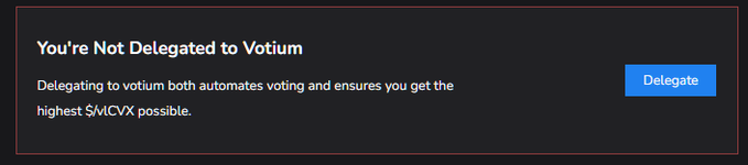 A dark UI banner titled "You're Not Delegated to Votium" explains that delegating to votium automates voting and maximizes $CVX rewards, with a blue "Delegate" button. It serves as a call-to-action reminding Convex ($CVX) holders, particularly Llama Airforce Union members, to set up their on-chain voting delegation for the new system.