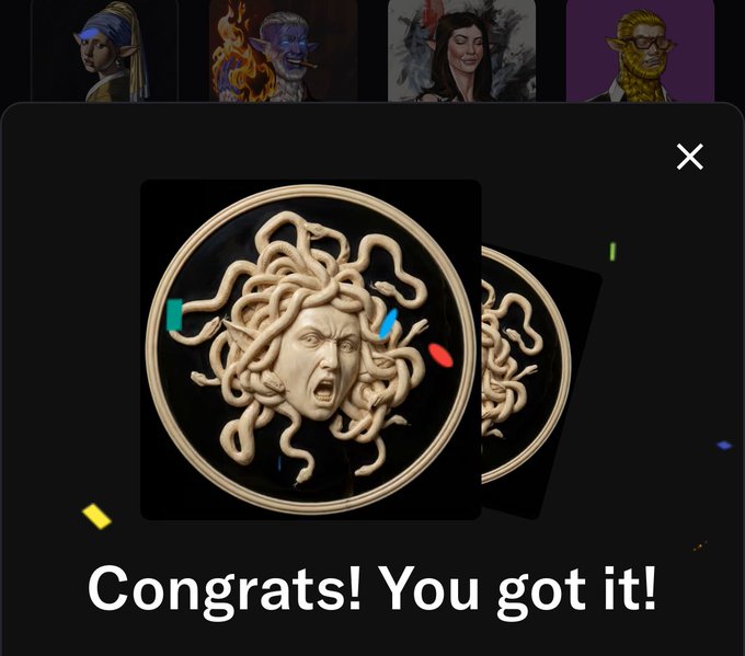 A digital congratulatory pop-up displays the iconic Medusa shield from Greek mythology, featuring her snake-haired head screaming against a dark background, with the text "Congrats! You got it!" below—celebrating the user's successful minting of their ICONS NFT collection.
