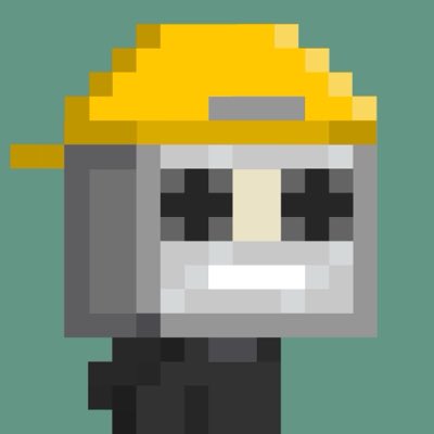 A pixel art illustration of a character with a yellow cap/helmet, dark sunglasses, and a wide smile, set against a teal background.