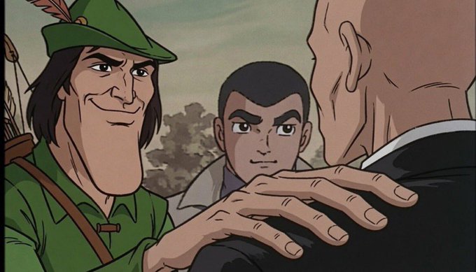 In this animated scene, a smirking Robin Hood figure in green places a hand on the shoulder of a bald man, while another character watches with a knowing expression—visually illustrating the caption's joke about Vlad Tenev "showing" the Base team how to engage with creators by replying directly to their tweets.