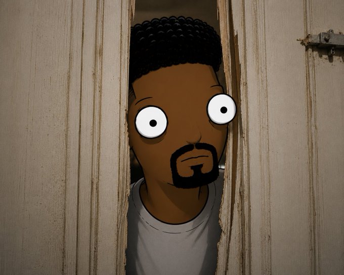 A stylized cartoon image of a Black man with a surprised expression and a beard, peeking through a gap in a weathered, beige wooden door or wall.