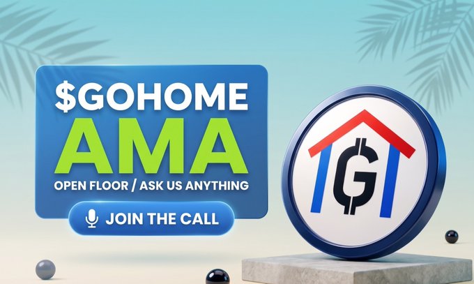 The image features a blue sign with white text that reads "GOHOME AMA Open Floor/Ask Us Anything" and a dollar sign, suggesting an advertisement for a $GOHOME token. The background of the image shows a beach scene with palm trees, indicating that this event is taking place in a tropical location. The post also mentions that there will be a call to join the session on Sunday at 10am.