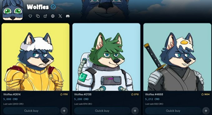 A NFT marketplace interface displays three cartoon wolf characters for sale under the verified 'Wolfies' collection, with listings including 'Wolfies #2614' (5,000 CRO), 'Wolfies #2138' (5,200 CRO), and 'Wolfies #4668' (5,212 CRO).