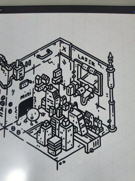 A black-and-white isometric line drawing of a futuristic room or machine labeled LASER, featuring various electronic components and signs marked with X.