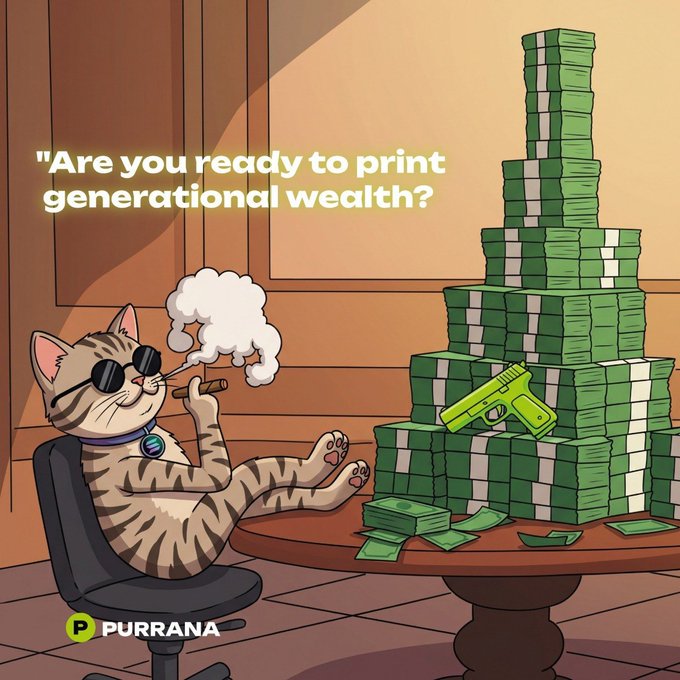 A cartoon cat in sunglasses smokes a cigar beside a pyramid of cash stacks with a pistol, captioned "Are you ready to print generational wealth?" and branded "PURRANA." The image ties into the $PURRANA contest by promoting meme creation and community engagement as a path to potential rewards in the meme coin's launch.
