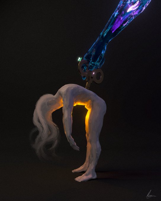A dark, surreal artwork depicts a headless, limbless humanoid figure with long white hair and pale skin standing in a contorted pose, with a glowing purple and blue liquid-like form pouring into its neck where a key-shaped hole is visible.