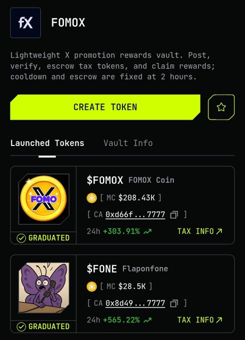 A mobile app screen for 'FOMOX' displays a 'CREATE TOKEN' button and lists launched tokens including '$FOMOX FOMOX Coin' at MC $208.43K and '$FONE Flaponfone' at MC $28.5K, both marked as graduated.