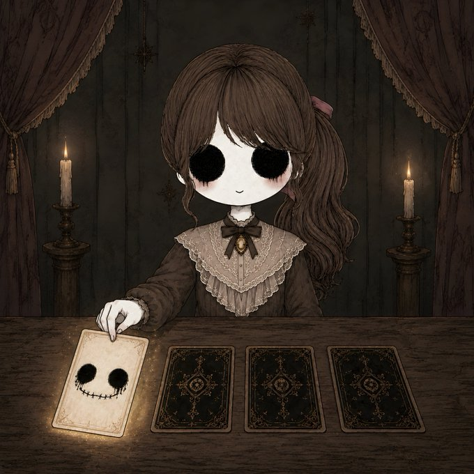 A dark anime-style illustration of a pale girl with large black hollow eyes and brown hair, wearing a Victorian dress, reaching toward a card with a stitched smiley face on a table with three face-down tarot cards, flanked by two lit candles.