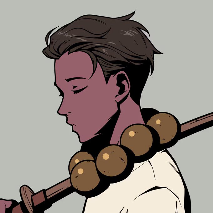 A side-profile illustration of a person with dark hair and purple-toned skin, carrying a sword with a large beaded hilt over their shoulder.