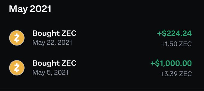 A cryptocurrency purchase history shows two 'Bought ZEC' transactions from May 2021: +1.50 ZEC for $224.24 on May 22, and +3.39 ZEC for $1,000.00 on May 5.