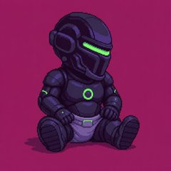 A chibi-style illustration of a small character in a futuristic dark helmet and armor with green glowing accents, sitting on a dark purple background.