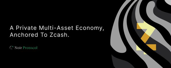 A black promotional banner for Noir Protocol displays the tagline "A Private Multi-Asset Economy, Anchored To Zcash" alongside the project's name, with abstract wavy graphics and a stylized "Z" logo on the right. The image visually supports the announcement of Noir Protocol's privacy-focused DeFi ecosystem being built on Zcash and powered by NEAR Protocol.