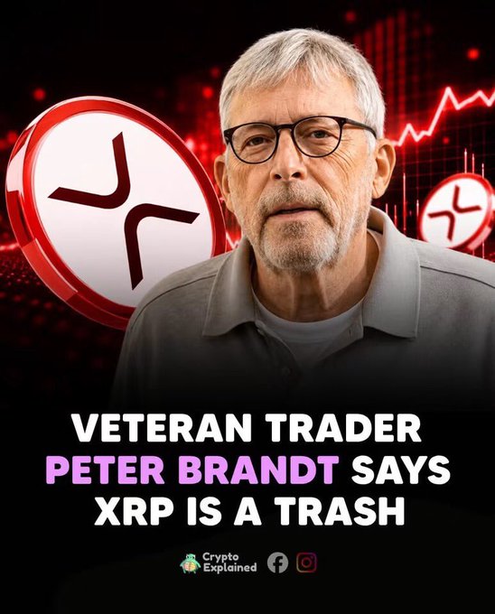 A clickbait-style thumbnail featuring a photo of veteran trader Peter Brandt, XRP logos, a red stock chart, and bold text reading "VETERAN TRADER PETER BRANDT SAYS XRP IS A TRASH" from "Crypto Explained".