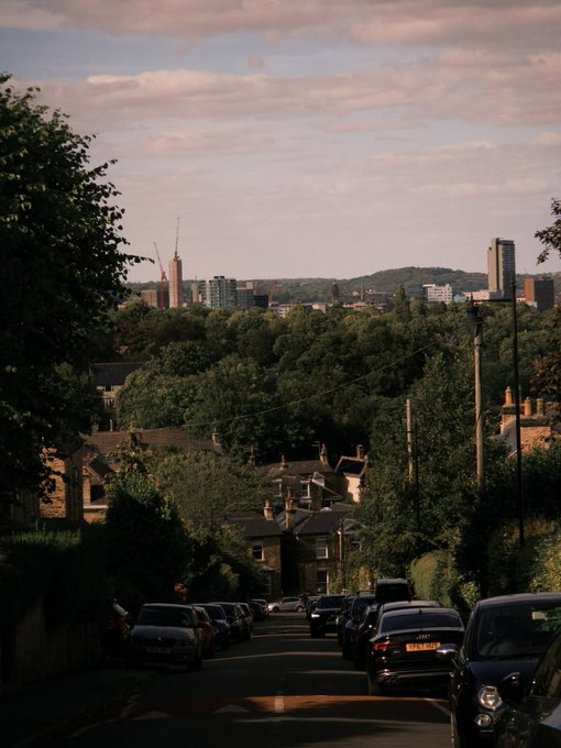 A residential street lined with parked cars leads toward a city skyline visible in the distance under a hazy sky.