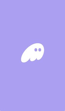 A minimalist purple background featuring a small white ghost-like cartoon icon.